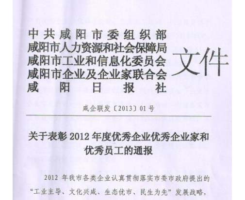 總公司榮獲2012年度咸陽市優秀企業